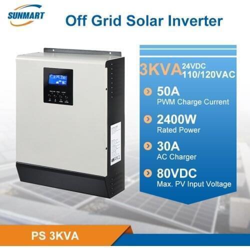 3KVA 110V60HZ Pure Sine Wave Solar Inverter 24V50A PWM Controller Unite States Standard