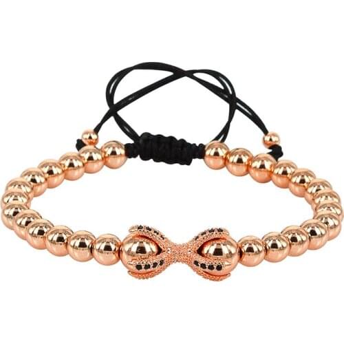 KEJIALAI 2018 New Anil Arjandas Men Bracelets Rose Gold Micro Paved CZ Dragon Claw & 6mm Copper Beads Braided Macrame Bracelet