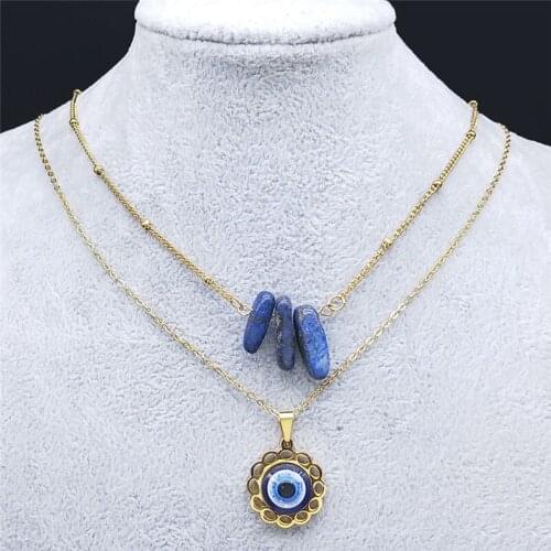 Stainless Steel Flower Turkey Eye Layered Necklace Gold Color Blue Natural Stone Chain Necklaces Jewelry oeil turc N8024S04
