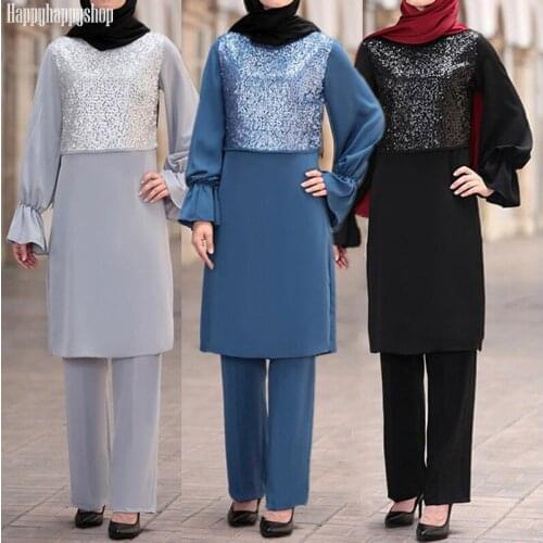 Fashion Sequins Muslim Abaya Set for Women Malaysia Long Sleeve Tops Blouse Trousers Pants Outfit Eid Mubarak Islamic Clothing