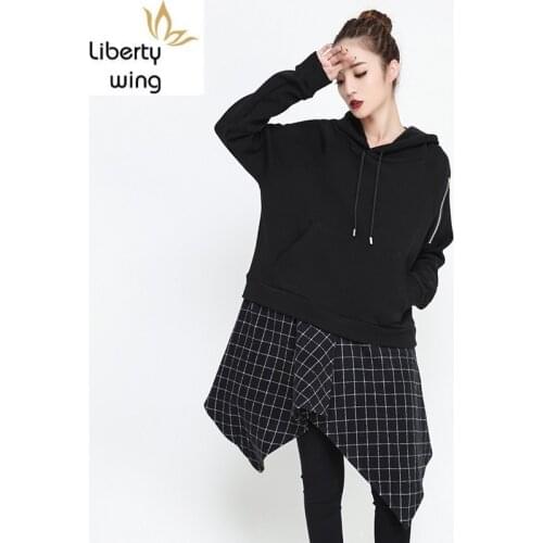 Zipper Long Sleeve Plaid Patchwork Fake Two Pieces Irregular Hoodies Pullovers Women Autumn Winter Fashion Warm Sweatshirt Girls