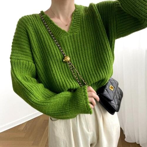 Obrix Female Knitted Sweet Pullover V-Neck Full Sleeve Loose Basic Autumn Trendy Casual Style Sweater For Women