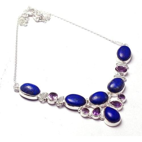 Genuine Lapis Lazuri + Amethyst Necklace 925 Sterling Silver, 47 cm, MHBNE0184