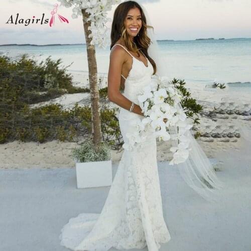 Simple Spaghetti Straps Beach Wedding Dress Women V-neck Backless Vestidos Elegant Lace Bride Dress Boho 2020