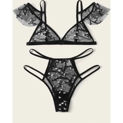 Sexy Bra Floral Embroidery Sheer Mesh Lingerie Set Push up Bralette+Hollow out Thong Women Sexy Intimates Underwear Panty Sets