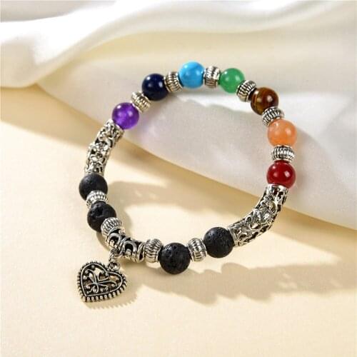 Tibetan Buddhism Alloy Beads Bracelet Amulet Beads Bracelet for Lady 8mm Heart Pendant Chain Natural Anion Stone 7.5inch Y952