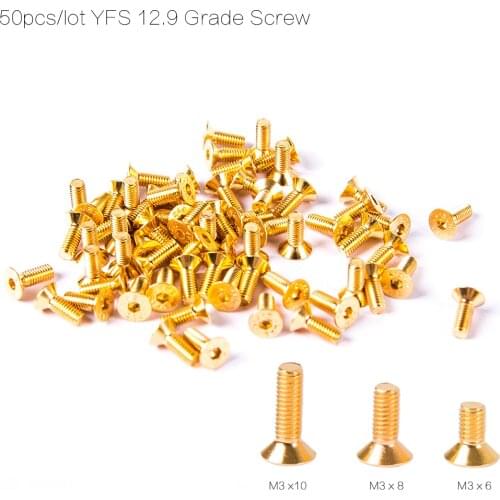 50pcs Gold Yfs 12.9 Grade M3 Screw M3x6 M3x8 M3x10 M3x12 6mm 8mm Hexagon Socket Head Cap Screw Countersunk Bolt For Fpv Rc Mode