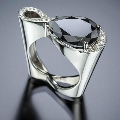 Milangirl Infinity Crystal Women Rings Big Black Water Drop Zircon Stone Wedding Ring Hollow Heart Silver Jewelry
