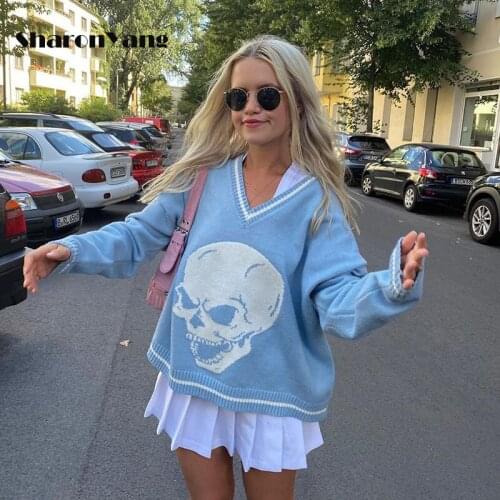 Autumn Winter Y2K Sweaters Skulls Pullovers V Neck Knitwear Loose Casual Knitted Jumpers Women Streetwear Retro Tops Outerwear