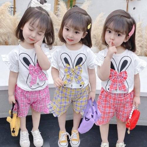Casual Summer Baby Girls Clothing Cotton Kids Rabbit Bow T-Shirt Top+Shorts 2pc/Sets Toddler Sports Infant Outfits Clothes