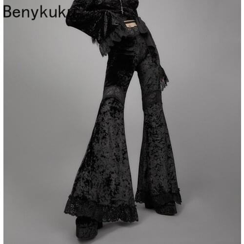 Gothic Mall Goth High Waist Flared Pants Aesthetic Sexy Lace Patchwork Trousers Women Vintage Elegant Velvet Christmas Pants
