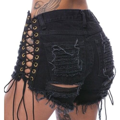 NORMOV Denim Shorts Jeans Women Sexy Ripped Hole Solid Black Lace Up Casual Pocket Jeans Shorts 2019 Plus Size Summer Hot Shorts