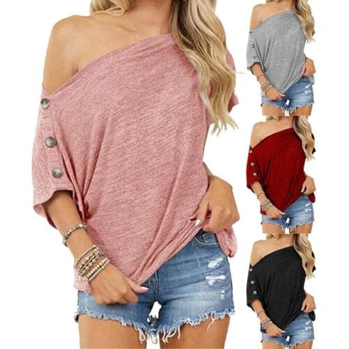 T-shirt Short Sleeve Solid Color Women Off Shoulder Buttons Loose Blouse Top for Summer