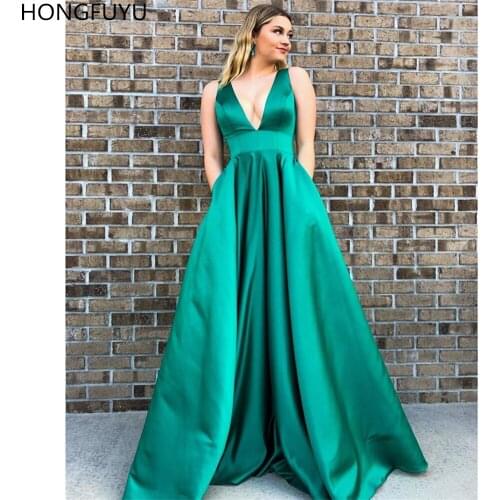 HONGFUYU Satin Evening Dresses with Pockets Long V-Neck Sleeveless Simple A-line Empire Formal Party Gowns Robe Gala Prom Dress