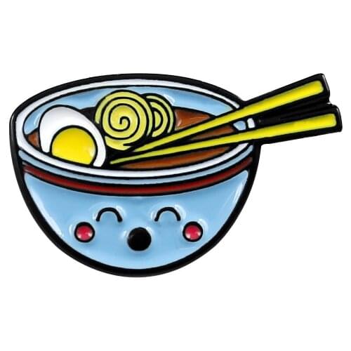 Egg Noodles Metal Enamel Cute Smiley Blue Chopsticks Ramen Bowl Badge Pin Fun Trendy Costume Backpack Jewelry Gift