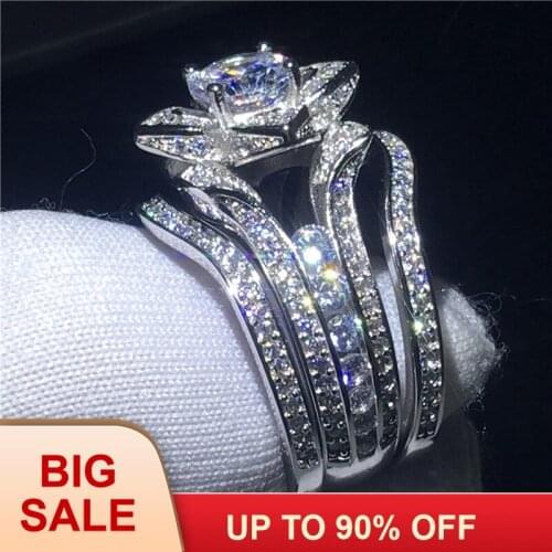 Elegant 3-in-1 Flower ring sets Silver color AAAAA Zircon Cz Engagement wedding band rings for women Party Jewelry Gift
