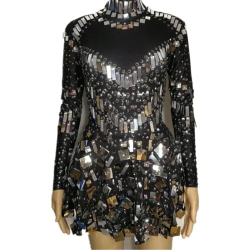 3 Colors Silver Sequins Crystals High Elastic Short Dress Sexy Mirrors Mini Dress Female Singer Prom Party Performance Costume