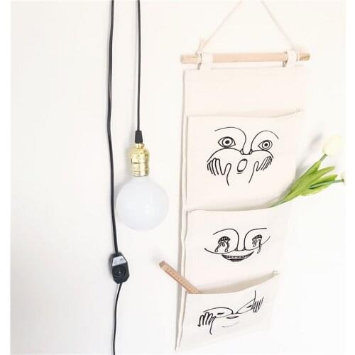 Korean Wall Hanging Storage Bag Hand-Painted Decoration Cotton Linen Three Pockets Debris Storage Cloth Bag Toys Organizer
