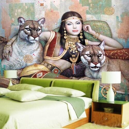 Custom 3D Wallpaper Retro Oil Painting Wall Sexy Lady Lion Photo Bedroom Parlor Office Club Hotel Designer Room Decor