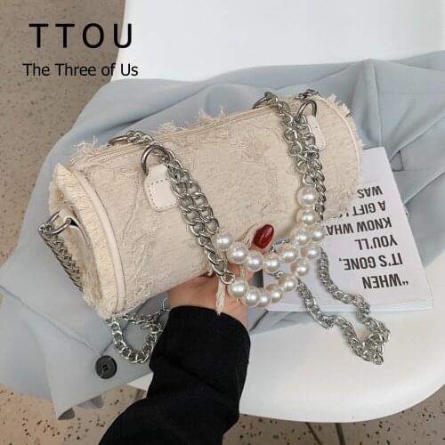 Shabby Design Cylindrical Shape Canvas Crossbody Bags For Women Fashion Trending Female Pearl Chain Shoulder Bags Ladies Handbag