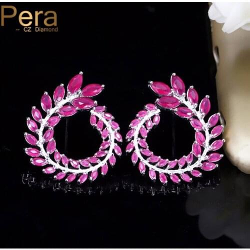 Pera Fashion Party Circle Marquise Shape Full Cubic Zirconia Stone Paved Brilliant Elegant Big Red Stud Earrings For Women E300