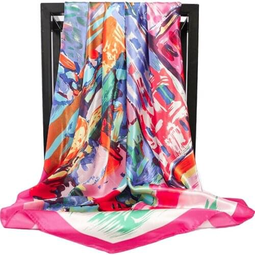 Fashion Painting Print Neck Scarves For Women Sqaure Shawls Wraps Silk Satin Hijab Scarf Female 90cm*90cm Hair Scarfs For Ladies