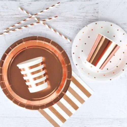 8Pcs Rose Gold Series Gilding Paper Straws/Cup/Plate/ Disposable Tableware Party Supplies Wedding/Birthday/ Pool Party Decor