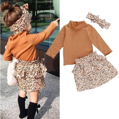 Toddler Girls Cute 3Pcs Clothes Set Fall Casual Soft Outfits Newborn Infant Long Sleeve Sweater + Leopard Print Skirt + Headband