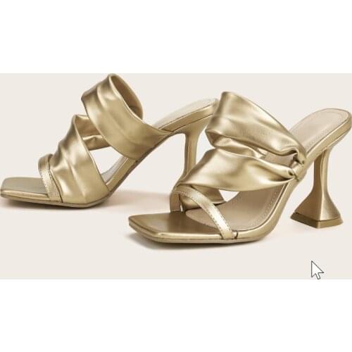 Women Party Shoes Summer High Heels Large Size Fish Mouth Fashion Pleated Gold Solid Stiletto Ladies Sandal Zapatos De Mujer