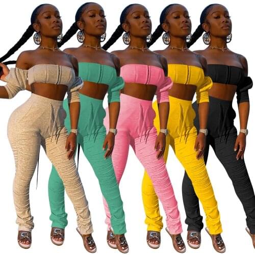 Long Sleeve Crop Top + Stacked Pants Sets Elegant Solid Elastic Hight Streetwear Outfit Fashion Workout Matching Sets Plus Size