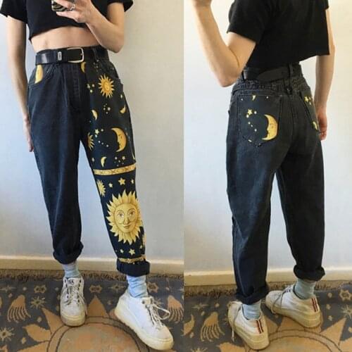 Womens Fashion Star Moon Printing Straight Pants with Pocket Trendy High Waist Chic Cool Hipster Jeans for Daily Streetwear