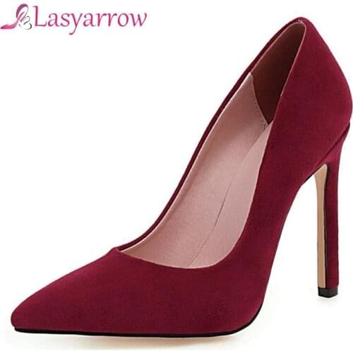 Lasyarrow 2020 Thin High Heel Shallow Single Shoes Shiny PU Leather Fashion Women Pumps Pointed Toe Slip on Women Shoes Size 48
