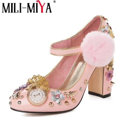 MILI-MIYA Luxury Rhinestone Flower Mary Janes Women Shoes Patent Leather Super High Heel Pointed Toe Wedding Bride Pumps