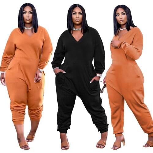 Plus Size Long Jumpsuit with Pockets Women Autumn Casual Corss Pants Long Sleeve Sexy V Neck Overalls Solid Streetwear XL-5XL