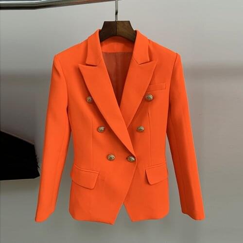 HIGH STREET Classic Baroque Designer Blazer Womens Metal Lion Buttons Double Breasted Blazer Orange