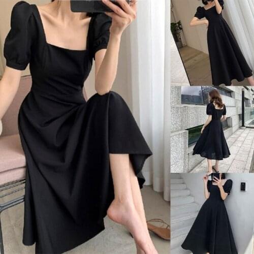 Women Puff Short Sleeve Square Neck Black Flowy Midi Long Dress Vintage French Empire Waist Pleated Elegant Clubwear