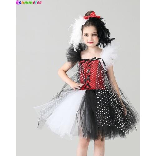 Evil Madame Cruella De Ville Kids Tutu Costume Dalmatians Girls Halloween Fancy Tutu Dress with Headband Polka Dot Girl Outfit