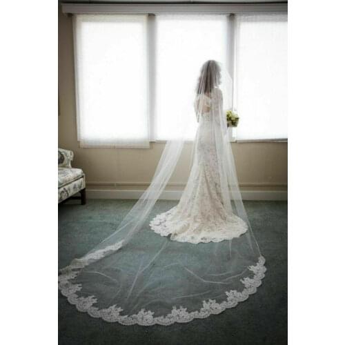 2019 New Sequins Lace Edge Bridal Veil Cathedral Wedding Veil with Comb