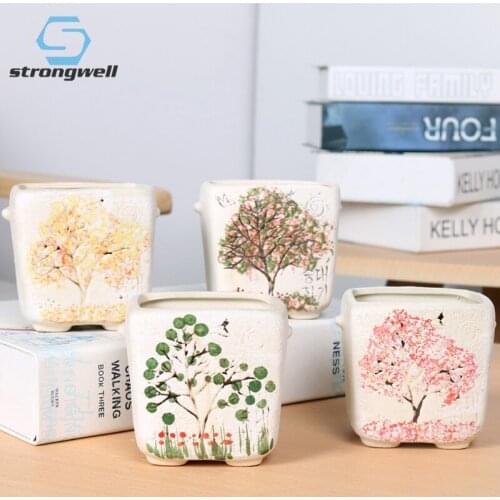 Strongwell Personality Hand Painting Tree Pattern Flower Pot Square Ceramic Green Plant Pot Planter Home Office Decor Flower Pot