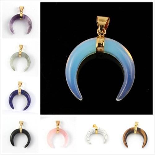 FYJS Unique Light Yellow Gold Color Crescent Moon Rose Pink Quartz Pendant Tiger Eye Stone Jewelry
