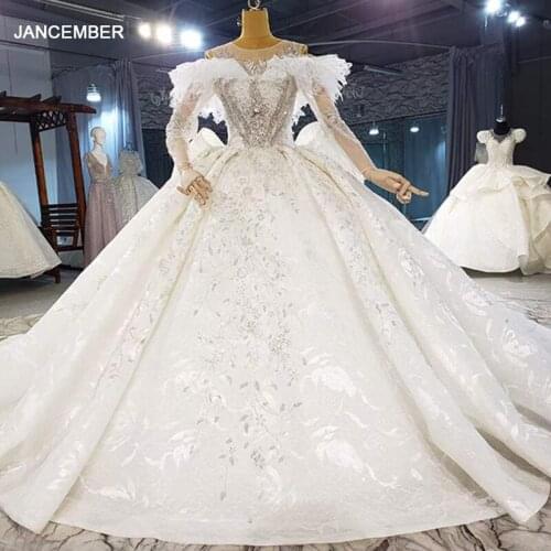 HTL2098 Long Sleeve Sexy V-Neck Ball-Gown Beaded Crystal Luxury Sequined Wedding Dress 2021 Lace Up Back