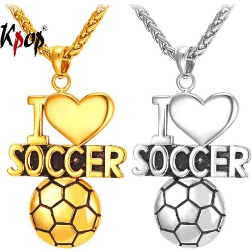 Kpop Football Heart Pendant Neckalce Statement Sport Jewelry Gold Color Stainless Steel I Love Soccer Necklace for Men P2143