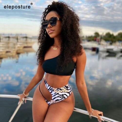 2021 New Sexy One Shoulder Bikini High Waist Swimsuit Women Hollow Out Swimwear Female Two Pieces Bikini Set Print Bathing Suits
