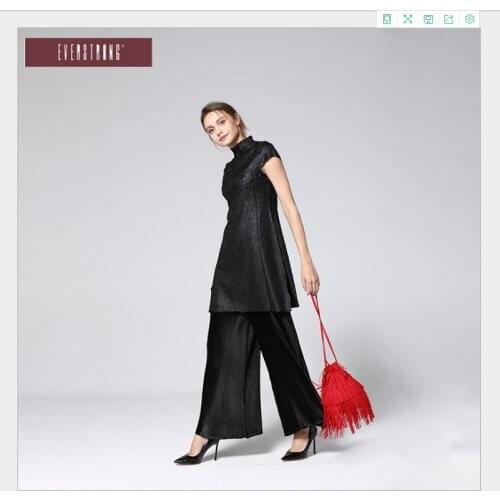 HOT SELLING Miyake fold turtleneck short sleeve long T-shiet +fold Wide leg pants solid set IN STOCK