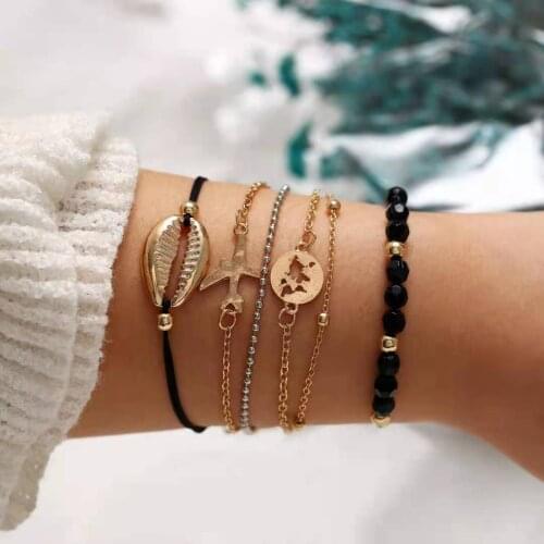 Fashion Personality Net Red Womens Bracelet Airplane Map Beaded Chain Six-Piece Bracelet Jewelry 2021 Trend New Party Gift