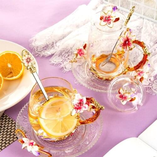 Color enamel Coffee Cup Mug Flower Tea Glass Cups for Hot and Cold Drinks Tea Cup Spoon Set home Office Drinkware gift