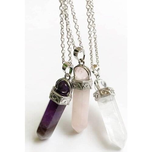 Natural Clear Rose Quartz Stone Amethyst Hexagon Pendant Stone Healing Point Necklace Silver Chain 1pc Dropshipping Wholesale