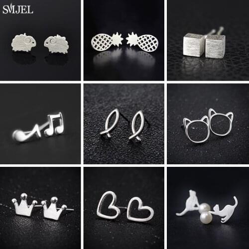 Cute Hollow Cat Stud Earrings For Women Trendy Small Earring Prevent Allergy Jewelry Summer Pineapple Earings Fish Crown Square