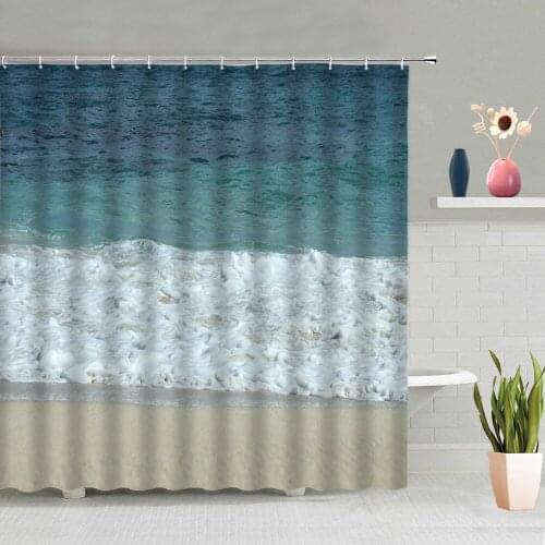 Blue Ocean Beach Waves Shower Curtain Summer Seaside Scenery Bathtub Decoration Bath Curtains Washable With Hook Set Home Screen