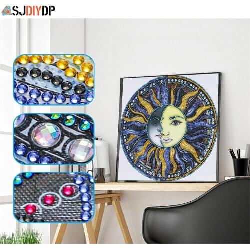 SJDIYDP Partial Round Drill 5D Diamond Painting Cross Stitch Special Shape Diamond Embroidery Sun And Moon Home Decort Scenery